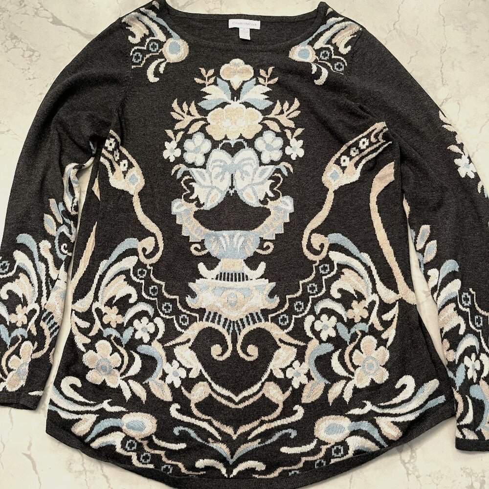 Charter Club Grey Floral Sweather, Size sm